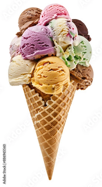 Fototapeta Ice-cream cone, lots of scoops of ice cream on top of waffle cone, isolated, lots of ice cream flavors on sugar cone