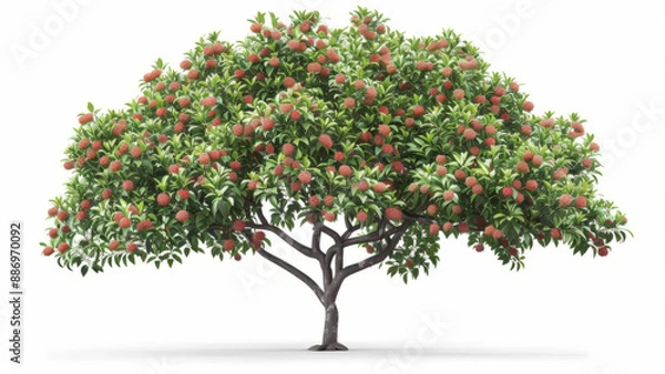 Fototapeta Lychee Tree: A highly detailed and realistic photograph of a lychee tree with green leaves and clusters of lychees, against a completely white backdrop 