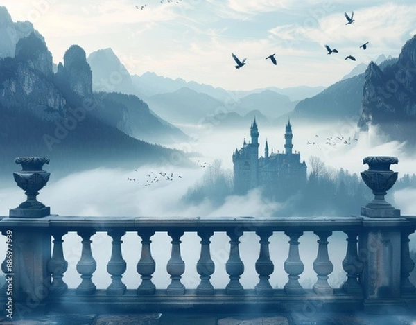 Fototapeta 3D rendering of a fantasy castle and balcony in the mountains.