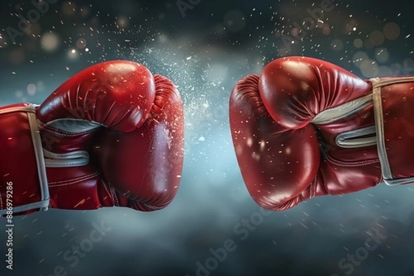 Fototapeta Two boxing gloves hitting each other with an explosion in the middle.