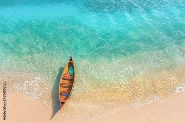 Fototapeta Paddling on a SUP board on a lake at sunny day. Stand up paddle boarding - awesome active outdoor recreation.. Beautiful simple AI generated image in 4K, unique.