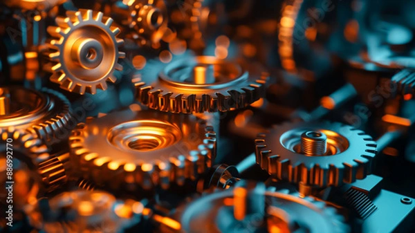 Fototapeta Business operations conceptual background. Golden coloured gears closeup.
