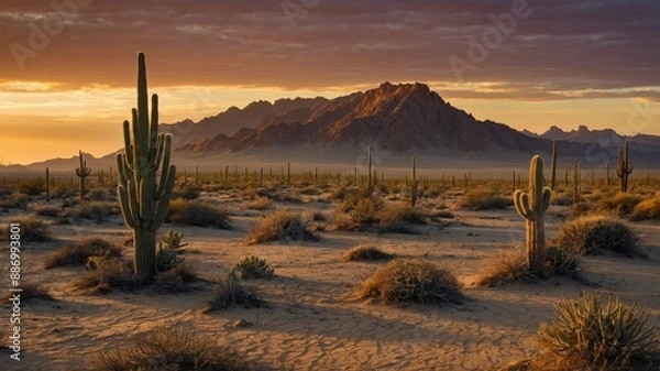 Fototapeta Amidst arid desert, towering cacti stand sentinel, casting elongated shadows in warm glow of dawn, dusk. Rugged mountains frame horizon, their peaks silhouetted against orange, yellow streaked sky.