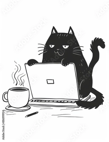 Obraz Black cat typing on a laptop with a coffee mug next to it, illustration on white background