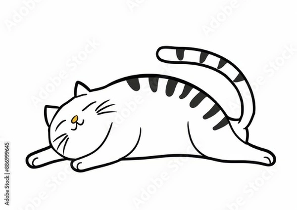 Fototapeta Illustration of a cute cat stretching its body on a white background drawn in black and white the illustration has simple lines and a flat design