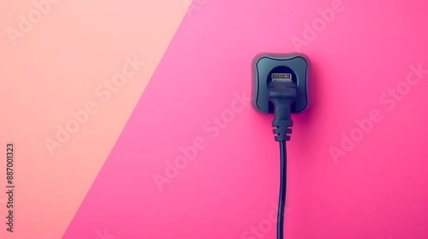Obraz The black plug is plugged into the power lines on pink and salmon background