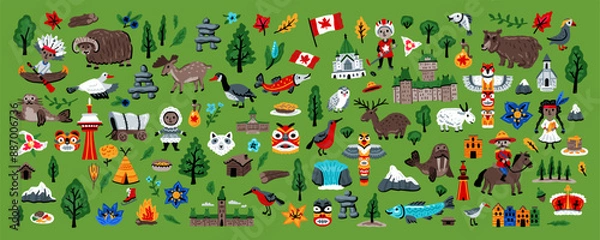 Fototapeta Canada vector travel symbols set. Collection of national canadian icons. Set of design elements in a hand-drawn style. Tourism. Children's doodle illustration for concept art