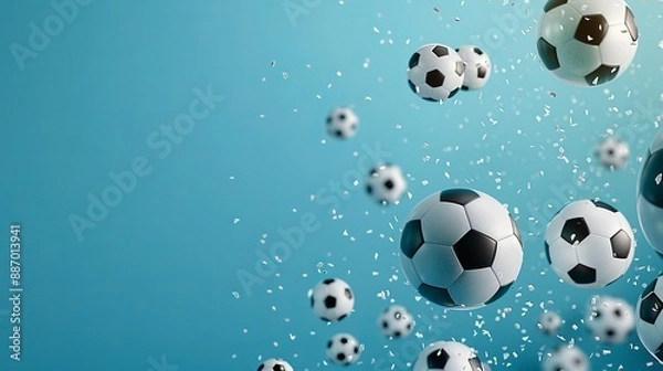 Fototapeta An energetic display of numerous soccer balls flying amidst confetti on a blue background, evoking exhilaration and celebration, perfect for festive and sports-themed imagery.