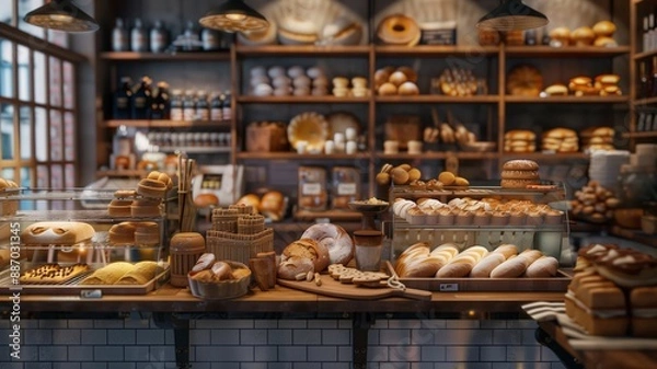 Obraz A bakery showcase filled with delicious fresh pastries, buns, and bread