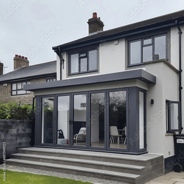 Obraz Glazed veranda with a flat roof on the external facade of an existing semi-detached house with glazing in a loft style