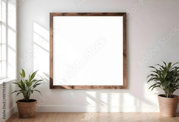 Fototapeta A wooden photo frame on the wall in a minimalist design with space for text, frame mockup	
