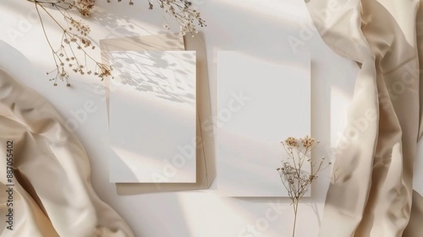 Fototapeta Mockup of two wedding invitation cards featuring front and back sides with stylish decor elements