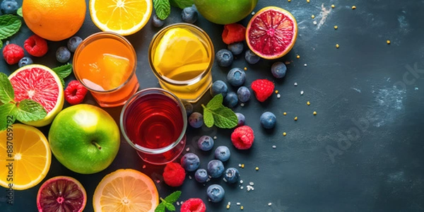 Fototapeta Colorful array of fresh fruits, citrus, berries, sliced and whole, next to glasses of vibrant juice on dark background, healthy eating concept