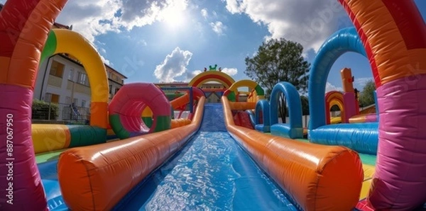 Fototapeta Colorful Inflatable Slide Obstacle Course Under Sunny Skies