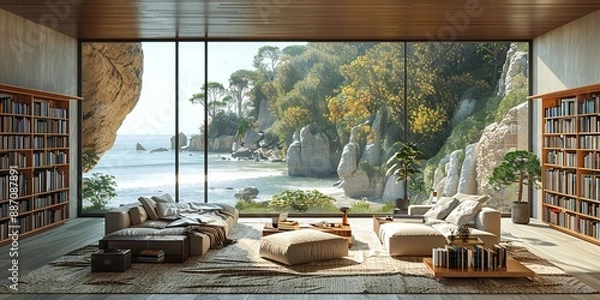 Fototapeta A welcoming home office library with large windows offering serene views of nature in soft sunlight, featuring an ocean beach scenery backdrop. The room includes a bookshelf in a modern decor,
