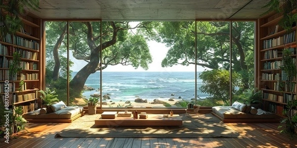 Fototapeta A welcoming home office library with large windows offering serene views of nature in soft sunlight, featuring an ocean beach scenery backdrop. The room includes a bookshelf in a modern decor, suita.