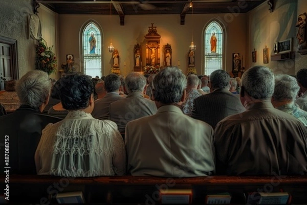 Fototapeta A group of people seated in a church, possibly during a service or gathering