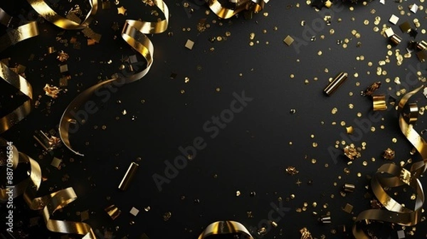 Fototapeta An eye-catching image with gold confetti and ribbons scattered on a black background, showcasing a festive party atmosphere, ideal for celebrations and special events.