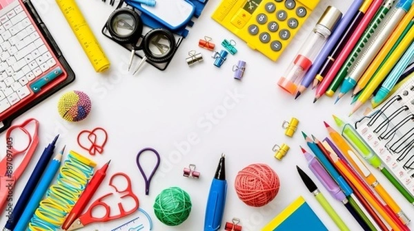 Obraz Different colored office and school supplies like pencils, pens, markers, calculator, and often used stationery items artistically arranged within a rectangular frame.