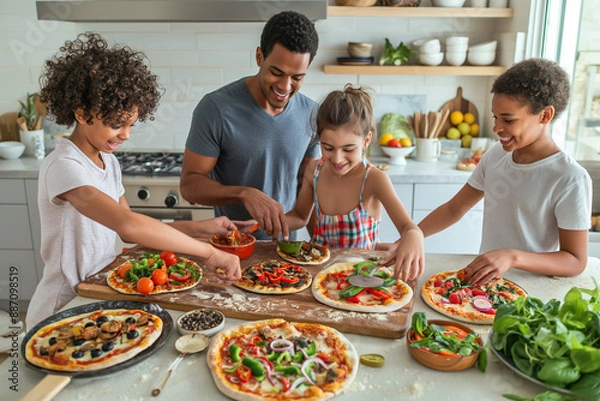 Fototapeta A family of four is making pizza together in a kitchen
