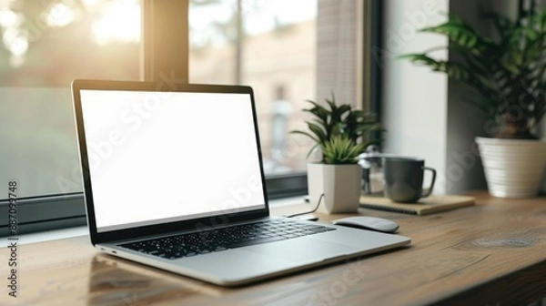 Fototapeta Laptop with white screen on desk with copy space concept