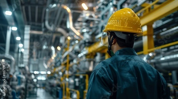 Fototapeta A worker with a yellow safety helmet is observing the industrial environment, showcasing the modern and highly technical facility focused on productivity and safety measures in the industry.