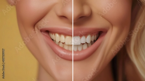 Fototapeta An image featuring a before and after comparison of teeth whitening, split vertically