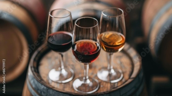 Fototapeta Three wine glasses containing different types of wine—red, rosé, and white—are displayed on a wooden barrel, providing a rustic and elegant visual appeal.