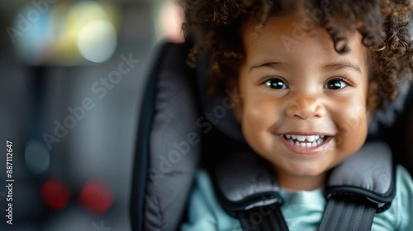 Fototapeta Adorable child with curly hair and bright eyes smiles while sitting securely in a car seat, capturing a charming and joyful moment of innocence and happiness.