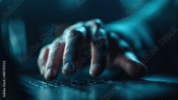 Obraz A realistic image showing a hand typing on a keyboard, emphasizing cybersecurity and online protection, capturing the essence of digital interaction with high detail.