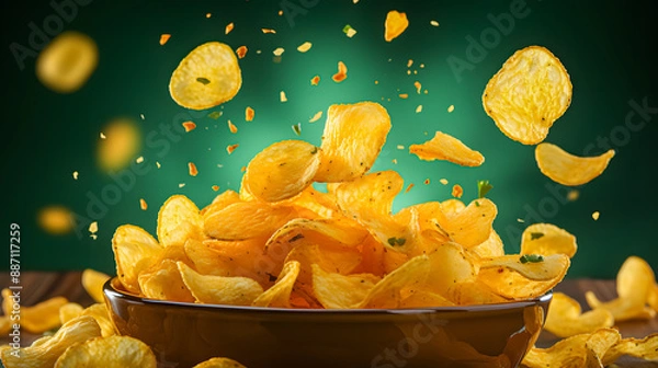 Fototapeta delicious potato chips with spices fly through the air (Generative AI)