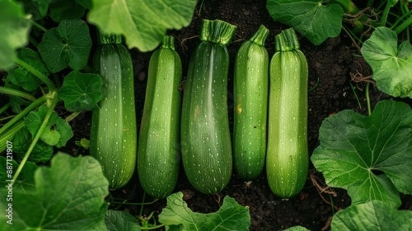 Obraz Above view of newly cultivated zucchini in a garden