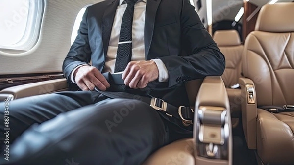 Obraz cropped view of businessman fastening safety belt while sitting in private jet