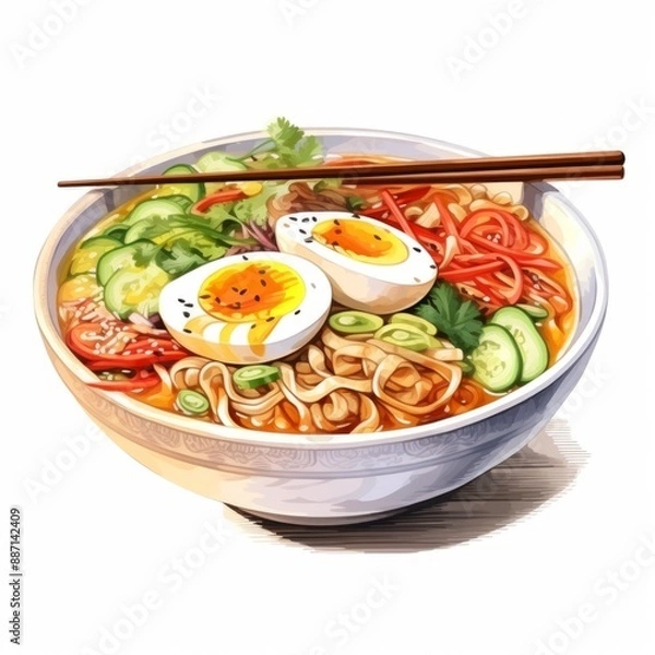 Fototapeta A watercolor illustration of a bowl of ramen with two soft-boiled eggs, cucumber, red pepper, scallions, and cilantro on top