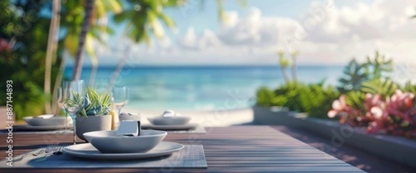 Fototapeta A Dining Table On The Deck With A Blurred Beach Background, Feeling Relaxed And Content