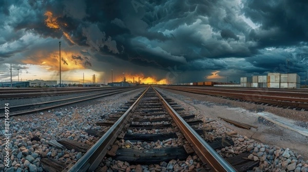 Fototapeta Railway cargo terminal panorama, with copy space