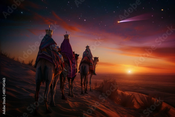 Obraz Journey of the magi. The three wise men are riding on camels in the desert at dusk, wearing colorful robes and crowns, following the comet star shining bright in the sky and pointing to Bethlehem.