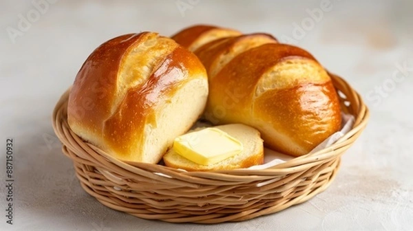 Obraz A basket of bread with a slice of butter on top. The bread is cut in half and the butter is spread on one of the halves