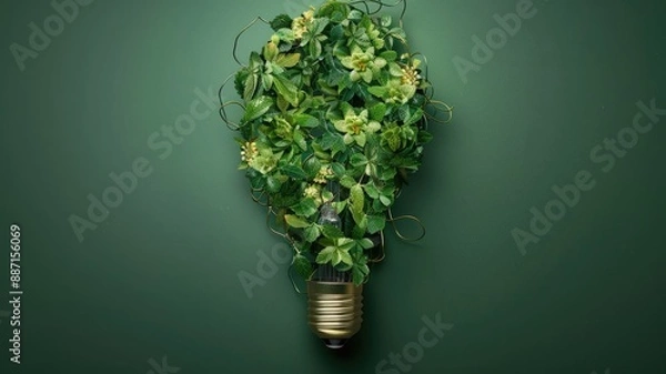 Fototapeta Green Lightbulb Made from Fresh Plants and Vines: Symbolizing Sustainable Technology