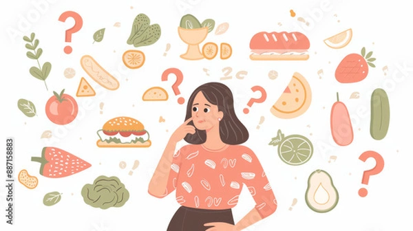 Obraz woman descent is pondering various food options. Around her head are illustrations of fruits, vegetables, and snacks, symbolizing healthy and unhealthy choices