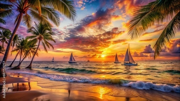 Fototapeta Warm golden light illuminates serene ocean waves, sailboat silhouettes, and distant palm trees as vibrant pink and orange hues paint the breathtaking sunset sky.