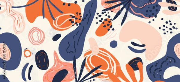 Fototapeta abstract pattern with wavy lines and organic shapes in navy blue, coral, and white colors creates a flowing and dynamic visual experience