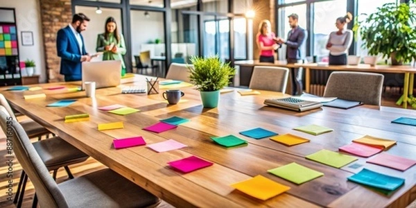 Fototapeta Vibrant colored sticky notes cover a modern wood table in a collaborative workspace, filled with innovative ideas and creative concepts for a marketing strategy.