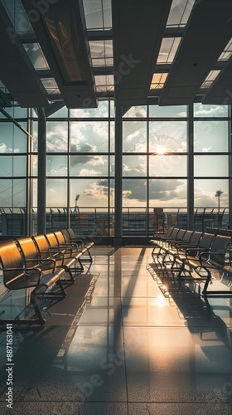 Fototapeta Airport Waiting Area With Luggages, Empty Seats And Blurred Background,Airport waiting area with empty seats