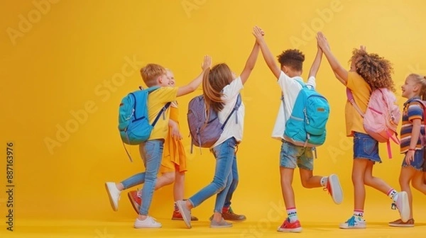 Fototapeta A joyful group of primary school kids wearing casual clothes and backpacks high-five each other in front of a bright yellow background, symbolizing unity and celebration.