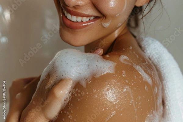 Fototapeta Close up of a woman's hand washing her shoulder with soap
