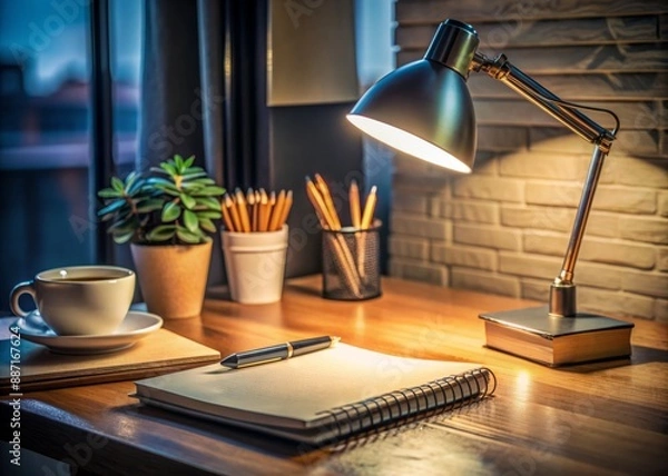 Obraz Closeup of a clutter-free desk at night, lit only by a desk lamp, with a notebook, pen, and scattered notes, conveying a sense of focused creativity and planning.