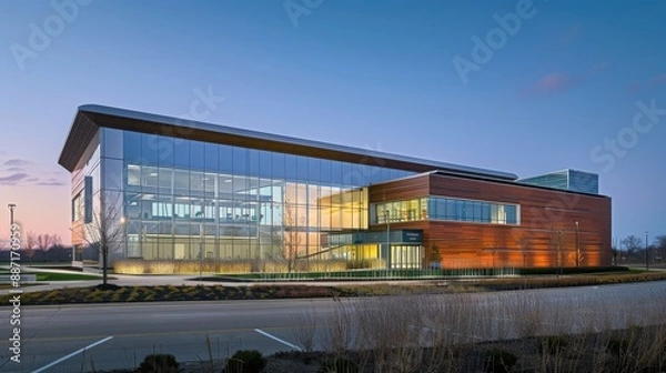 Fototapeta A large building with a lot of windows and a brown roof