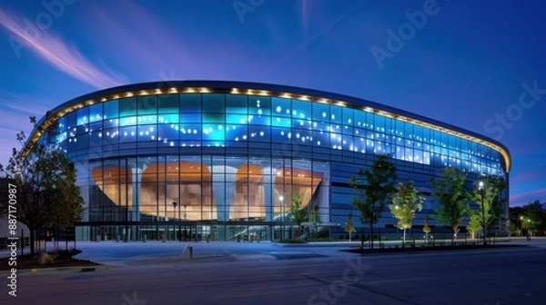 Fototapeta A large building with a blue and white design