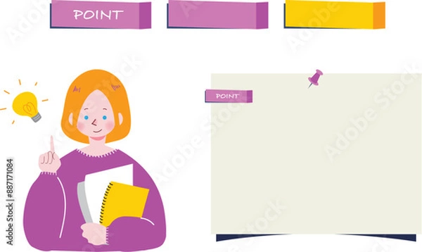 Obraz 人差し指を立てて英会話のポイントを解説する女性のイラスト